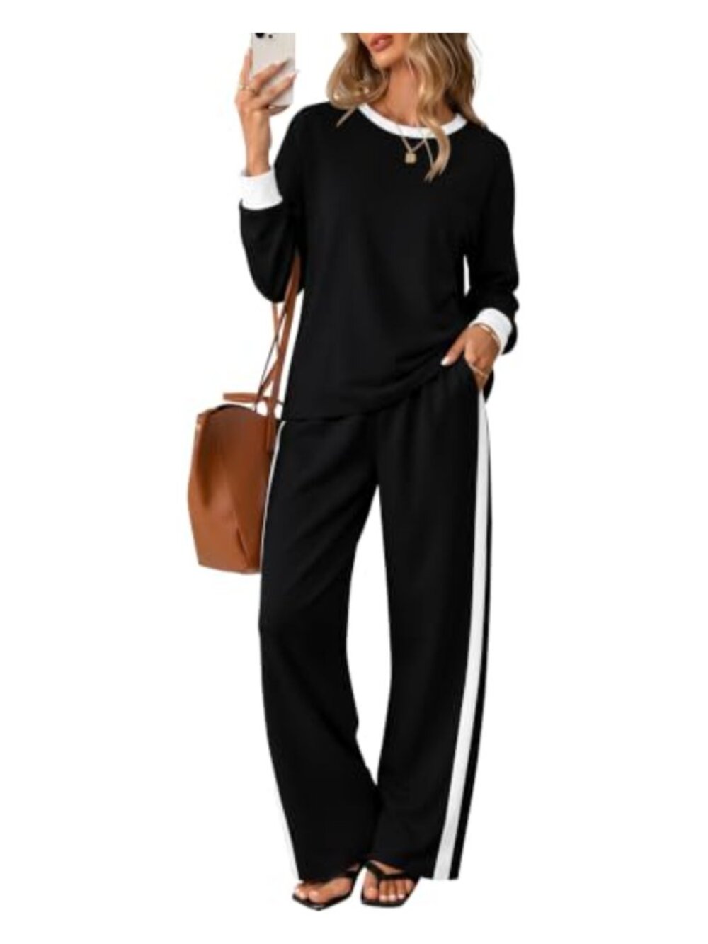 Women's 2PC Sweatsuit Lounge Set Wide Leg Pants Pockets